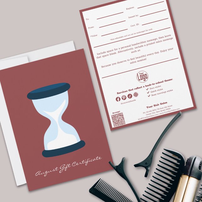 QR Code Services Note August Gift Certificate (Stylish QR Code Services Note August Gift Certificate, Smoky Topaz & White, Hourglass)