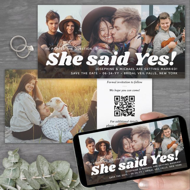QR Code She Said Yes! Wedding Engagement 4 Photo Save The Date (Creator Uploaded)