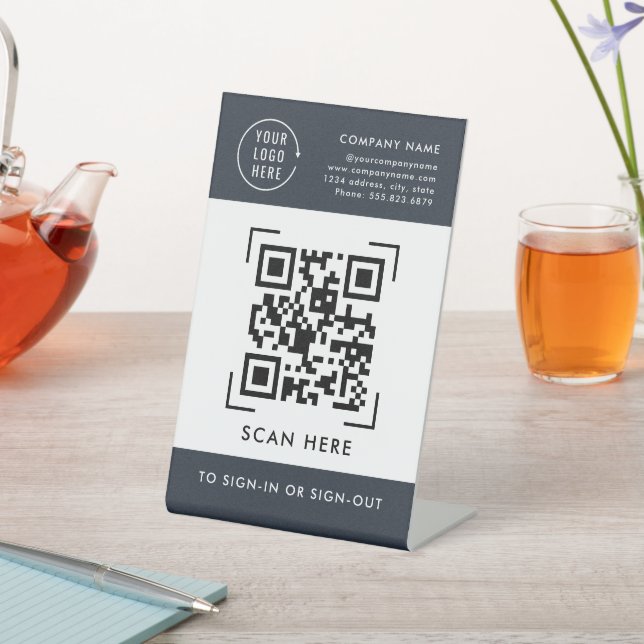 QR Code Sign-In | Business Logo Contactless Pedestal Sign | Zazzle