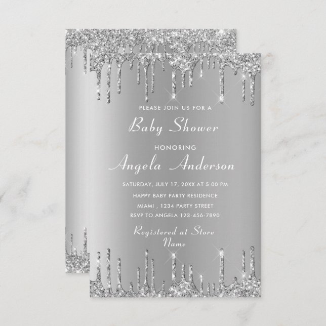 QR Code Silver Baby Boy Shower Invitation Example (Front/Back)