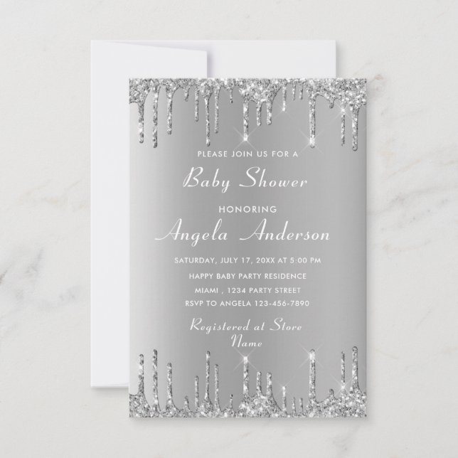 QR Code Silver Glitter Baby Boy Shower Invitation (Front)