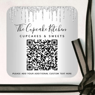 QR Code Silver Glitter Drips Business Name Modern Square Sticker