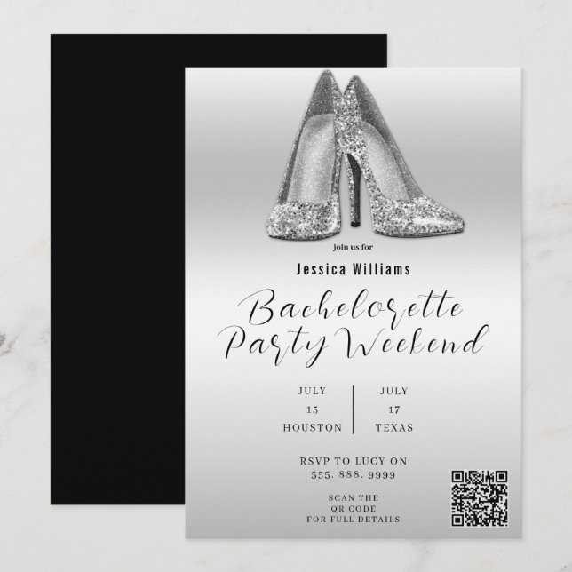 QR CODE Silver Glitter Shoes Bachelorette Invitation (Front/Back)