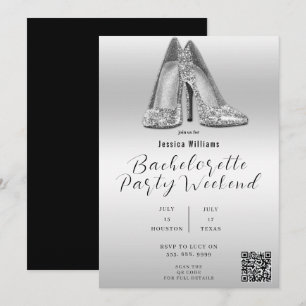 QR CODE Silver Glitter Shoes Bachelorette Invitation