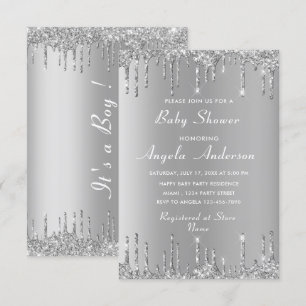 QR Code Silver Gold Baby Boy Shower Invitation
