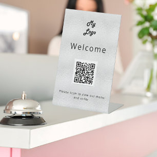 QR code silver restaurant diner bar menu Pedestal Sign