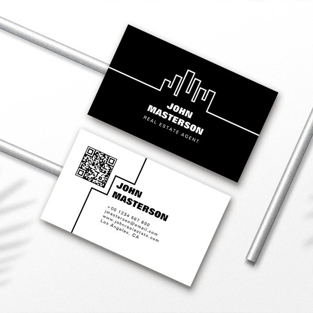 QR Code Simple Black & White Real Estate Agent Business Card (Creator Uploaded)