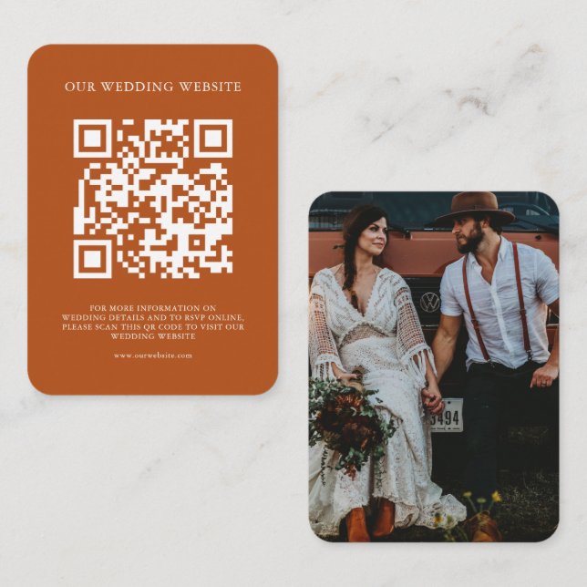 QR Code Simple Bohemian Terracotta Photo Wedding Enclosure Card (Front/Back)