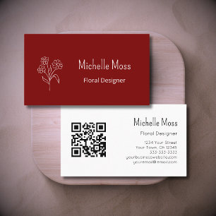 QR code Simple Daisy Floral Designer Red Burgundy Business Card
