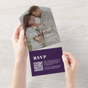 QR Code   Simple Dark Orchid Purple Photo Wedding All In One Invitation