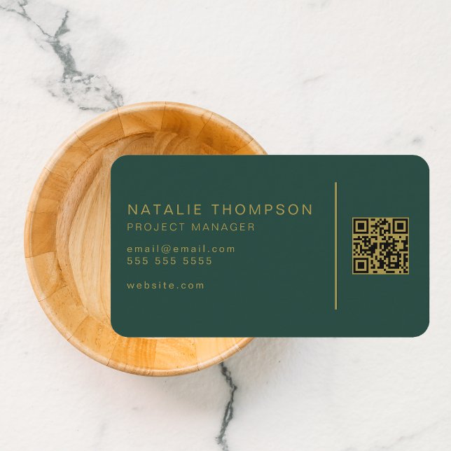 QR Code Simple Elegant Emerald Green and Gold Business Card (Creator Uploaded)