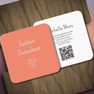 QR code Simple Flower Botanical Boho Peach Square Business Card