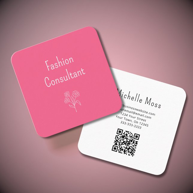 QR code Simple Flower Cute Girly Pink Square Business Card (Creator Uploaded)