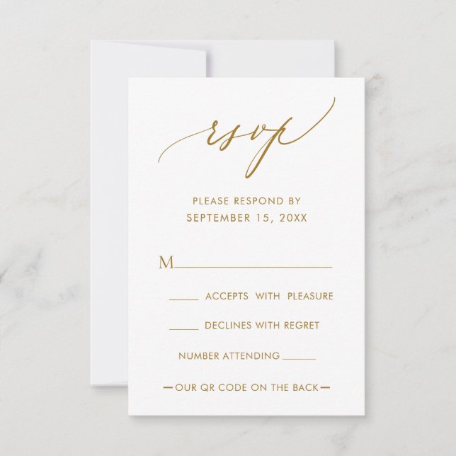 QR Code Simple Modern Calligraphy Gold Wedding RSVP Card (Front)