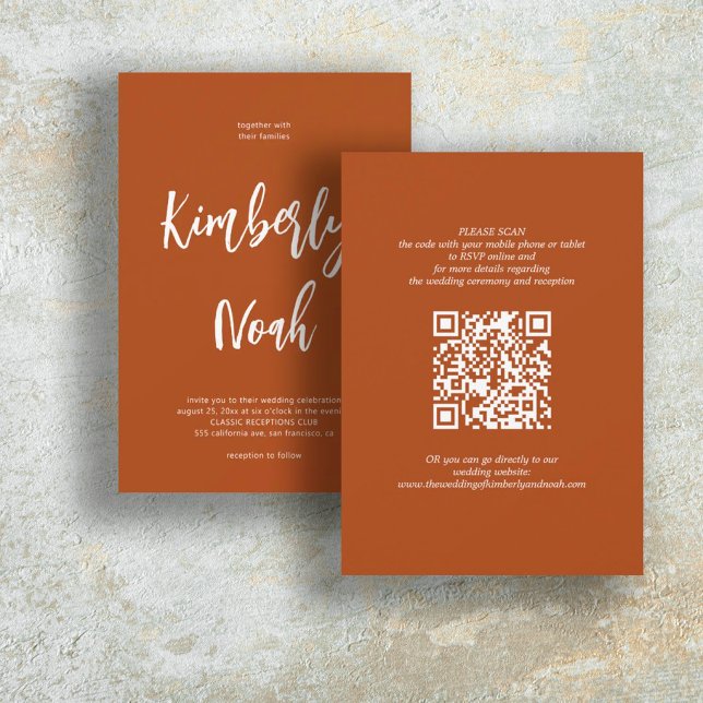 QR code simple names script burnt orange wedding Invitation (Creator Uploaded)