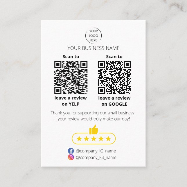 QR code small business review GOOGLE and YELP  Business Card (Front)