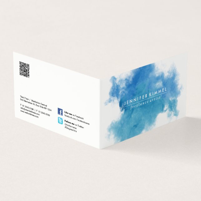 QR Code Social Media Blue Watercolor Business Card (Outside)
