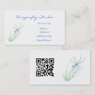 QR Code Soft Watercolor Blue Green Dragonfly Business Card
