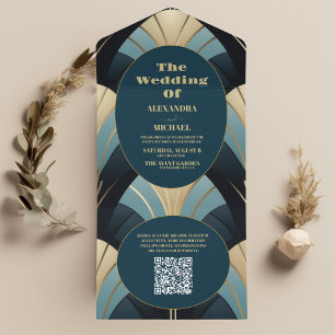 QR Code Sophisticated Blue and Gold Art Deco Weddi All In One Invitation