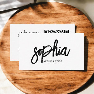 QR Code Stylish Script Girly Minimal White Business Card