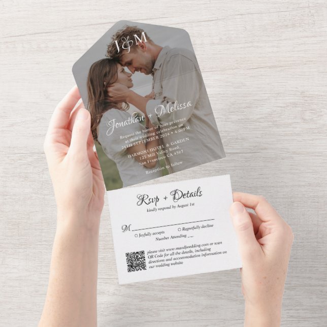 QR Code Stylish Script Photo Monogram Wedding All In One Invitation (Tearaway)