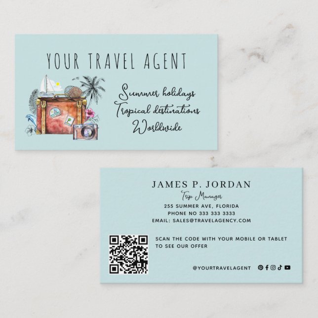 QR CODE summer holidays travel agent template Business Card (Front/Back)