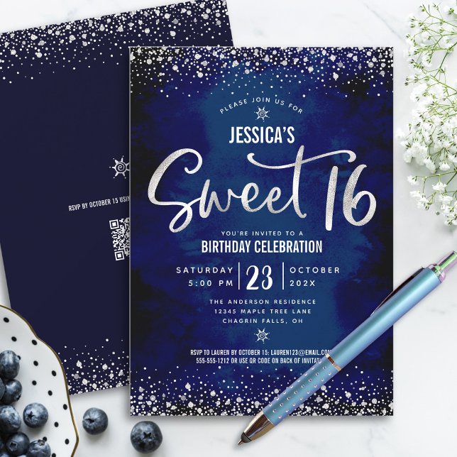 QR Code Sweet 16 Silver Script Navy Watercolor Invitation (Creator Uploaded)