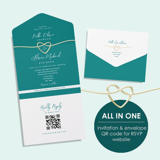 QR Code Teal Gold Heart Wedding All In One Invitation (Creator Uploaded)