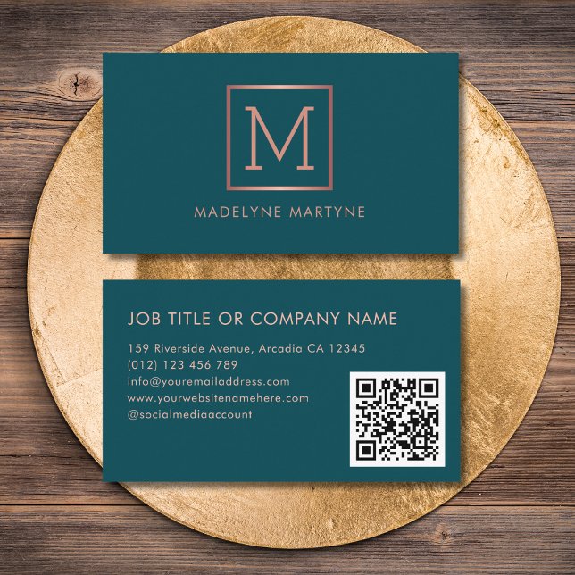 QR Code Teal Rose Gold Monogram Elegant Business Card (Creator Uploaded)