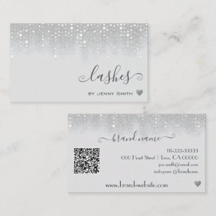 QR Code Template Pretty White Silver Glitter Rain Business Card
