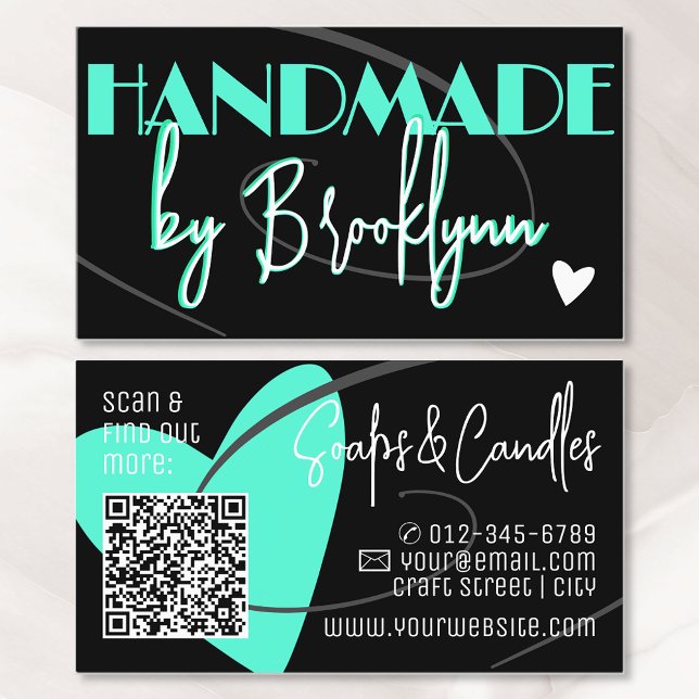 QR Code Template Stylish Teal Handmade Love Heart  Business Card (Creator Uploaded)