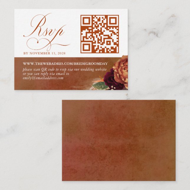 QR Code Terracotta Floral Wedding RSVP Enclosure Card (Front/Back)