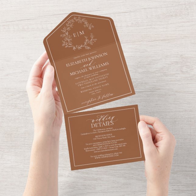 QR Code Terracotta Leafy Crest Monogram Wedding All In One Invitation (Tearaway)