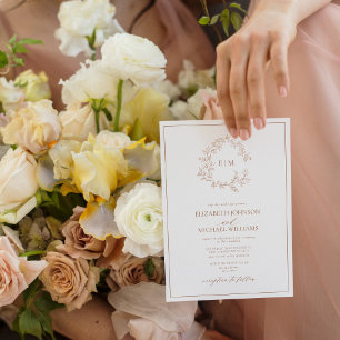 QR Code Terracotta Leafy Crest Monogram Wedding Invitation