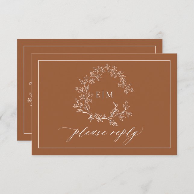 QR Code Terracotta Leafy Crest Monogram Wedding RSVP Card (Front/Back)
