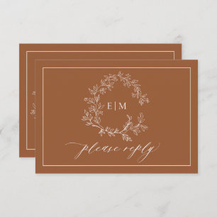 QR Code Terracotta Leafy Crest Monogram Wedding RSVP Card