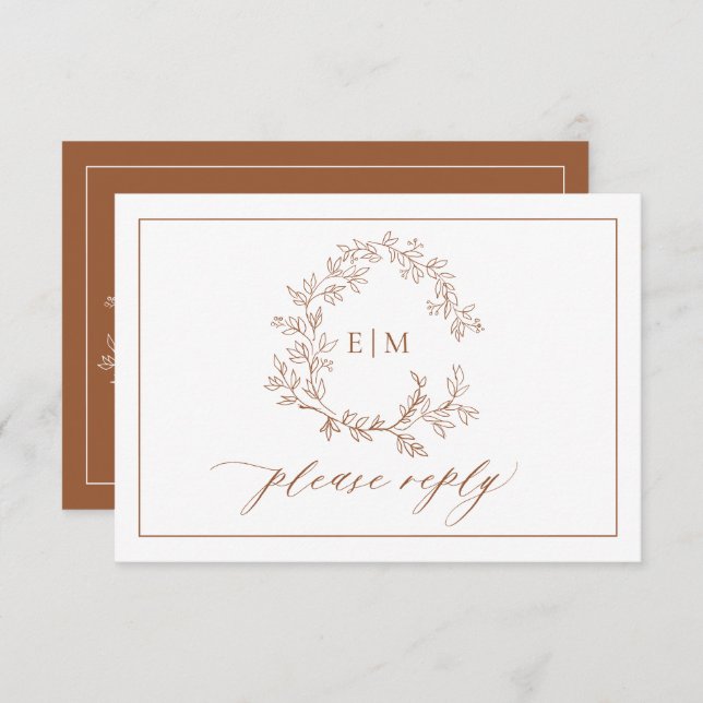 QR Code Terracotta Leafy Crest Monogram Wedding RSVP Card (Front/Back)