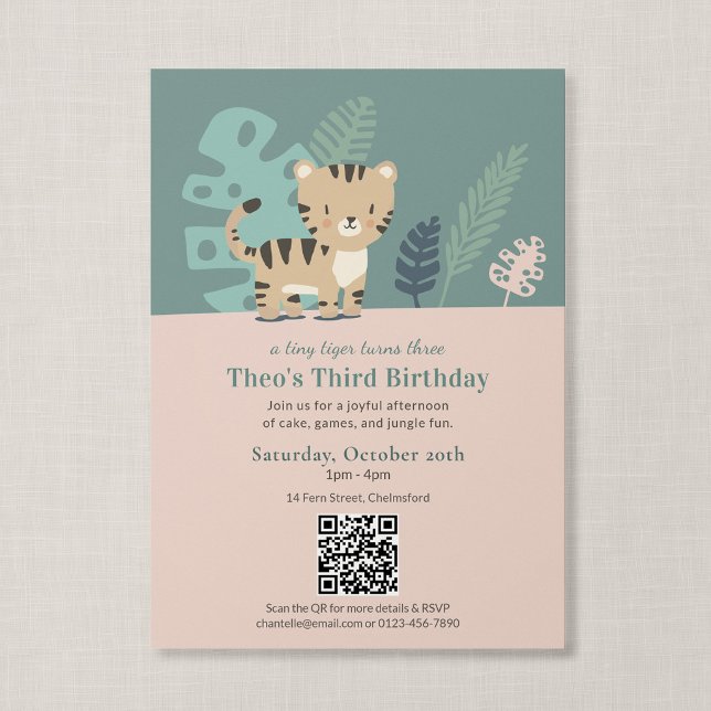 QR Code Tiny Tiger Soft Jungle Kids Birthday Invitation (Tiny Tiger - Jungle Safari Birthday Invitation with QR Code)