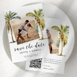 QR Code Tropical Beach Save The Date<br><div class="desc">Summer destination save the date cards! Crafted with a simple white background, 2 photos of the bride/groom, tropical watercolor palm trees, a QR code (replace this with your own), and an easy to customize elegant template. Picture this -- sand between your toes, an enchanting sunset over the deep blue sea...</div>