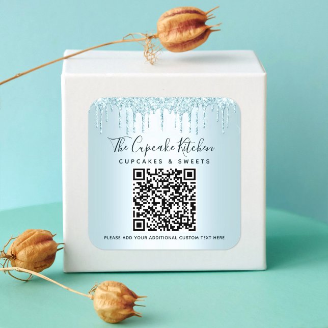 QR Code Turquoise Blue Glitter Drips Business Name Square Sticker (Creator Uploaded)