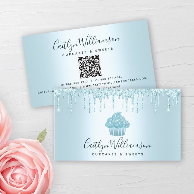 QR Code Turquoise Cupcake Drips Bakery Pastry Chef Business Card (Creator Uploaded)