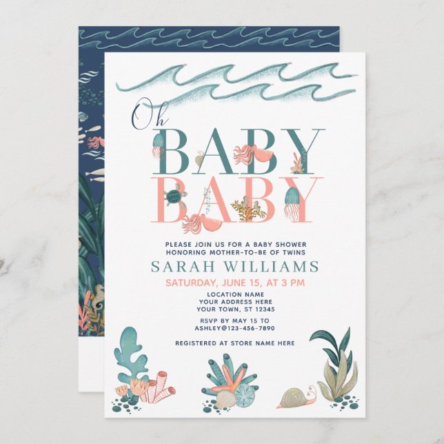 QR Code Twins Under the Sea Oh Baby Baby Shower Invitation (Front/Back)
