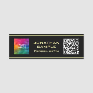 QR Code Upload Your Logo Here Black & Gold Name Tag