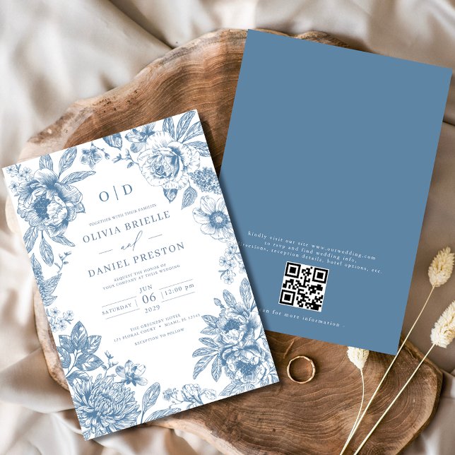 QR Code Victorian French Dusty Blue Wedding Invitation (Creator Uploaded)