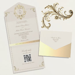 QR Code Vintage Baroque Gold Wedding All In One Invitation