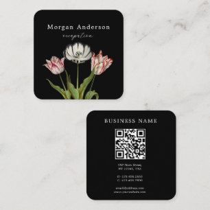 QR Code Vintage Flower Black Square Business Card