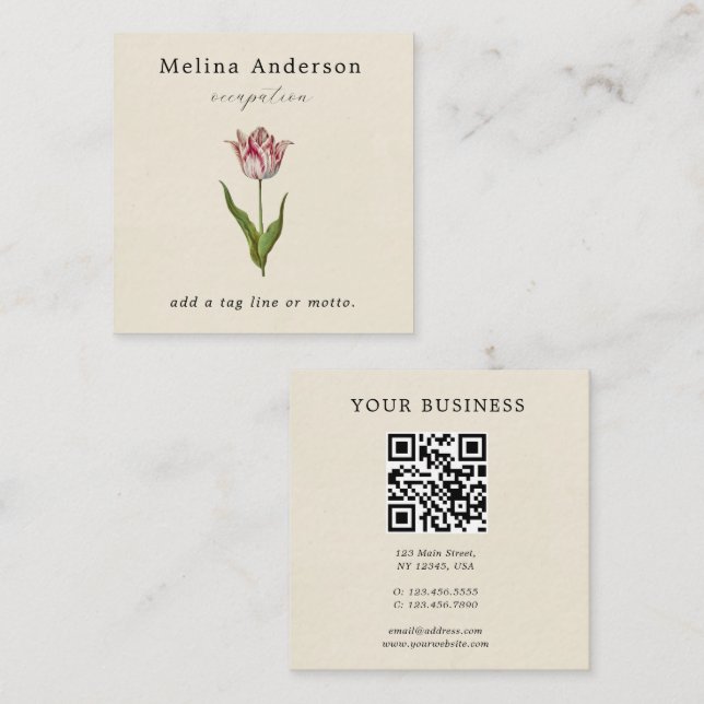 QR Code Vintage Flower Square Business Card (Front/Back)