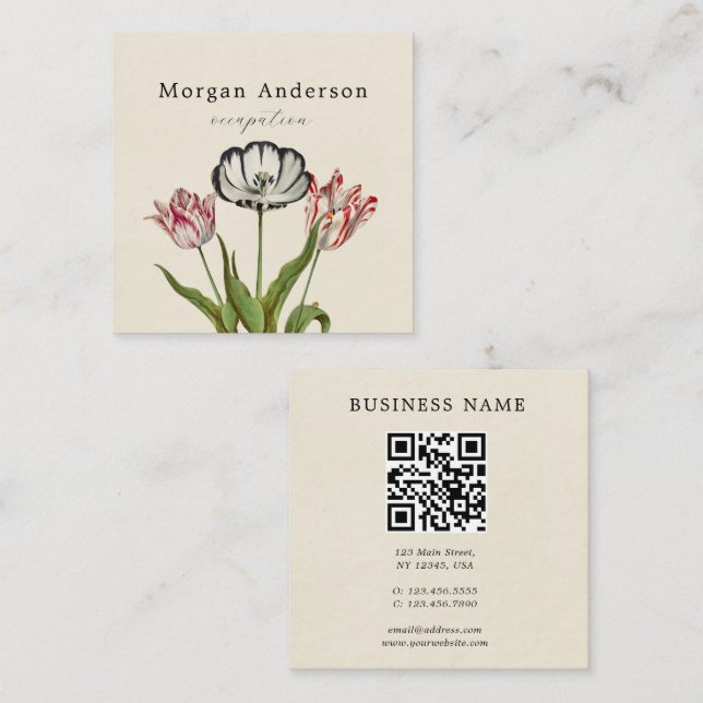 QR Code Vintage Flower Square Business Card (Front/Back)