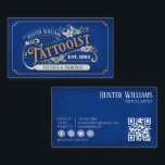 QR Code Vintage Tattoo Artist Blue Professional Business Card<br><div class="desc">Make a lasting impression with your QR Code Vintage Tattoo Artist Blue Professional Business Card! Show off your tattooing skills in style, as this beautiful business card displays your profession in bold serif font surrounded by soft blue green flowers on a classy blue background. Your name and the year you...</div>