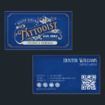QR Code Vintage Tattoo Artist Blue Professional Business Card<br><div class="desc">Make a lasting impression with your QR Code Vintage Tattoo Artist Blue Professional Business Card! Show off your tattooing skills in style, as this beautiful business card displays your profession in bold serif font surrounded by soft blue green flowers on a classy blue background. Your name and the year you...</div>